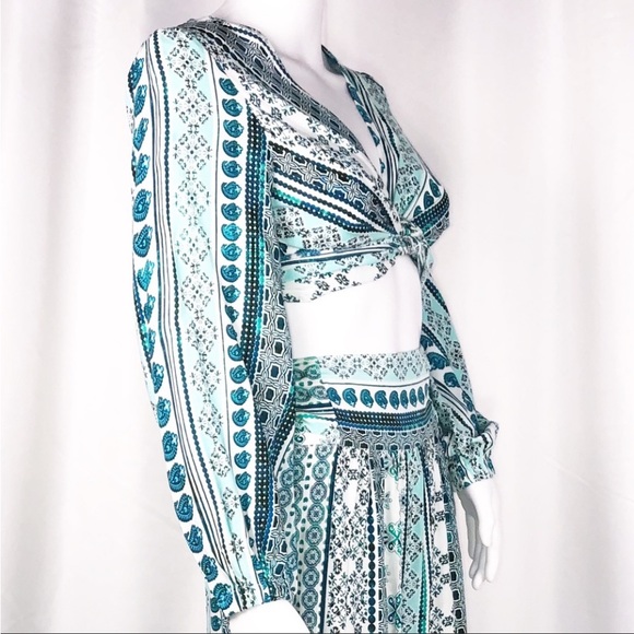 Zhu Ulma Minty Green Geo Paisley Print Crop Top Pant Set SzXS Wide Leg Side Wrap - Picture 10 of 16